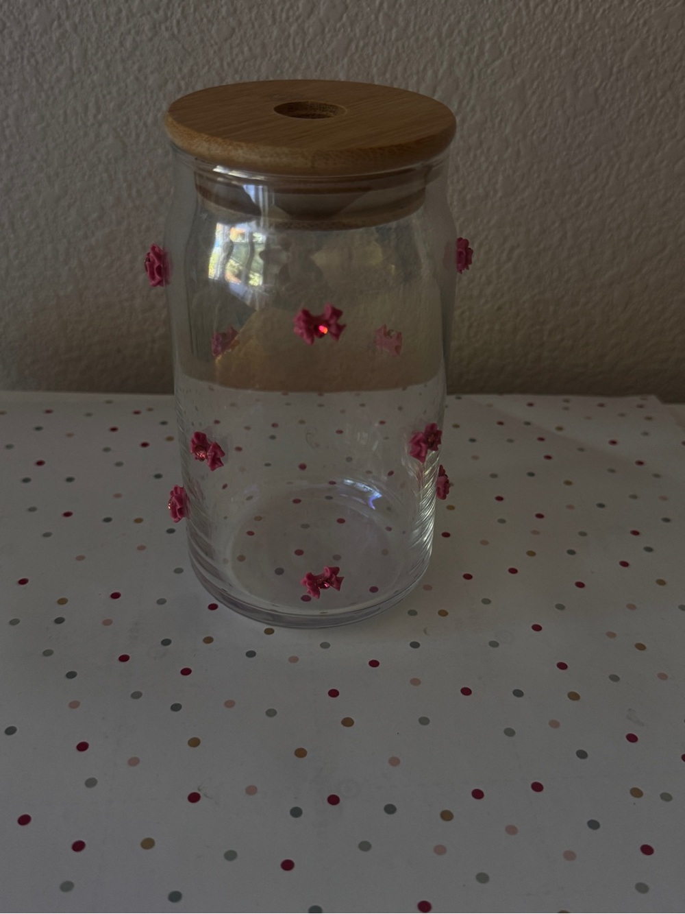 Clear Glass Storage Jar with Wooden Lid and Pink Floral Details